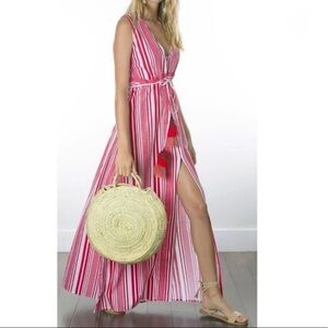 Bindu Maxi Dress Women’s Medium Linen Cotton Blend Red White Boho Beachy Resort